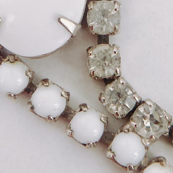 Vintage Mid Century Milk Glass Rhinestone Necklace Earring Set 1950s Jewelry - Picture 16 of 16